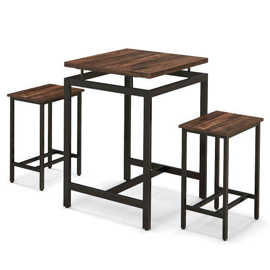 3 Pieces Pub Dining Table Set with Floating Tabletop and Footrest-Rustic Brown-2