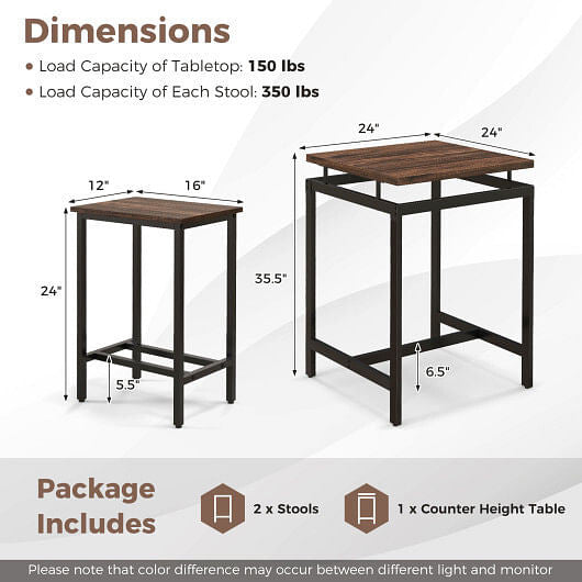 3 Pieces Pub Dining Table Set with Floating Tabletop and Footrest-Rustic Brown-3