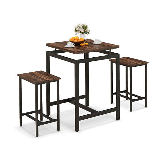 3 Pieces Pub Dining Table Set with Floating Tabletop and Footrest-Rustic Brown-4