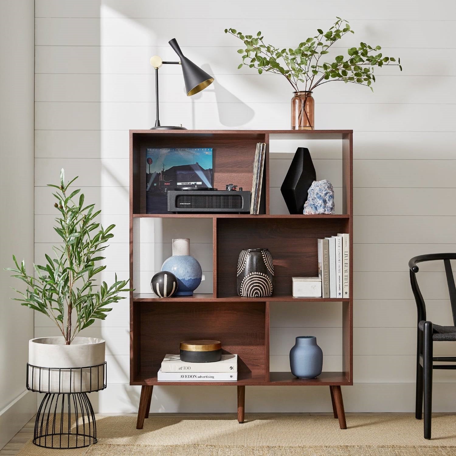 Mid Century Style Bookcase Storage Shelving Unit in Walnut Wood Finish-1