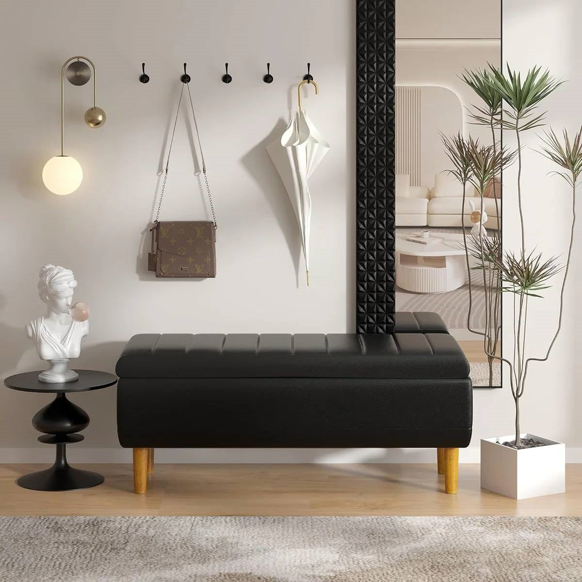 Modern Mid-Century Black Faux Leather End of Bed Storage Bench Ottoman-1
