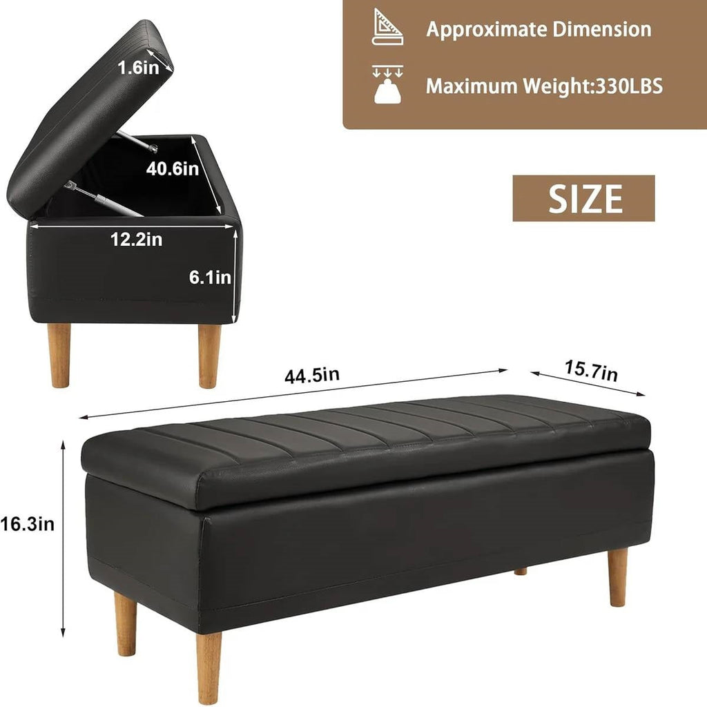 Modern Mid-Century Black Faux Leather End of Bed Storage Bench Ottoman-4