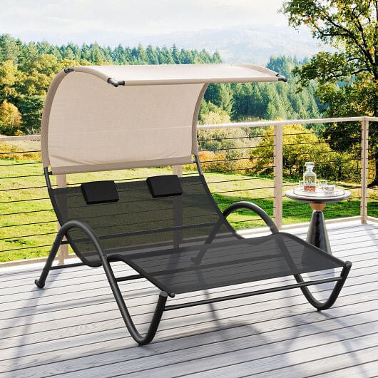 Outdoor Double Chaise Lounge Chair with Sunshade Canopy and Headrest Pillows-Black-0