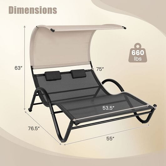 Outdoor Double Chaise Lounge Chair with Sunshade Canopy and Headrest Pillows-Black-2