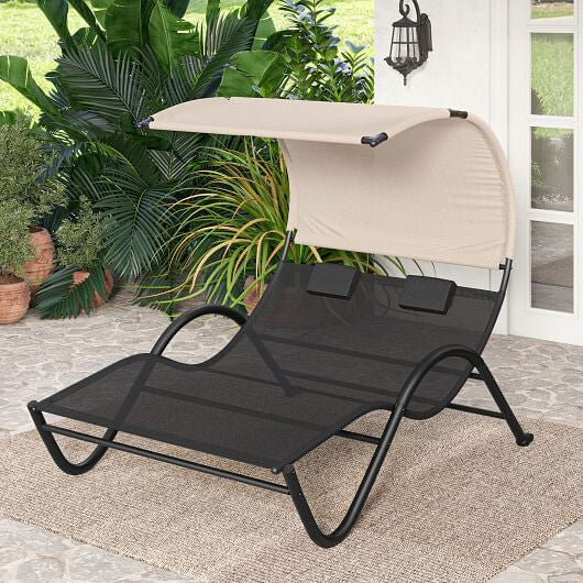 Outdoor Double Chaise Lounge Chair with Sunshade Canopy and Headrest Pillows-Black-3