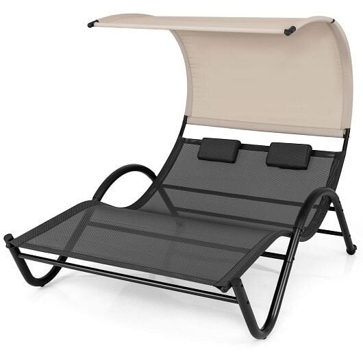 Outdoor Double Chaise Lounge Chair with Sunshade Canopy and Headrest Pillows-Black-4