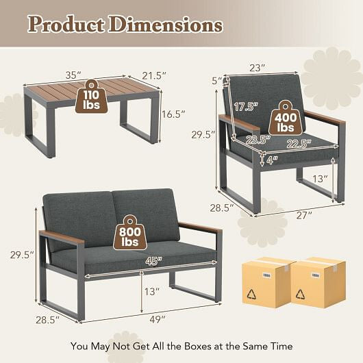 4 Piece Patio Aluminum Furniture Set with Armrests and Tabletop-Gray-3