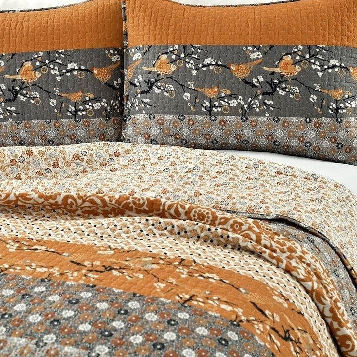 King size Orange Grey Boho Floral Birds Reversible Lightweight Quilt Set-1