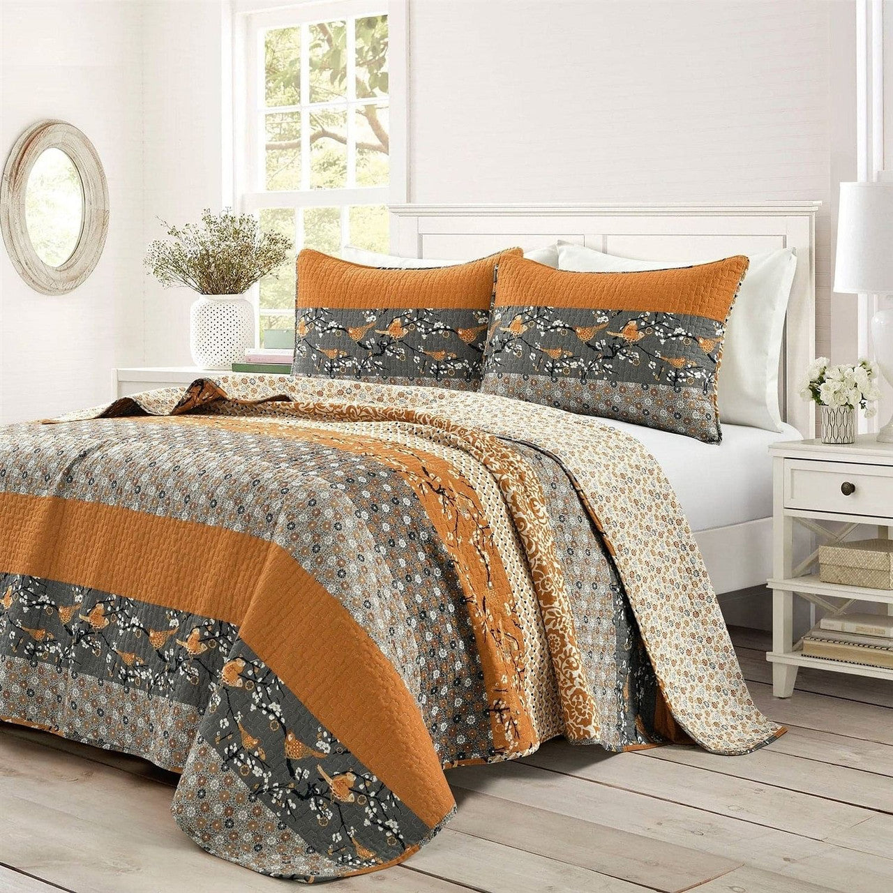 King size Orange Grey Boho Floral Birds Reversible Lightweight Quilt Set-2