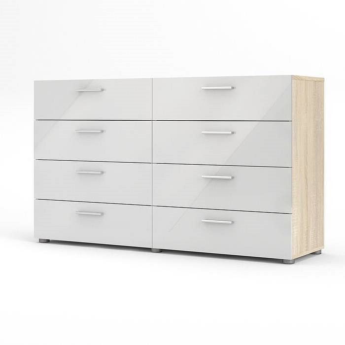White Modern Bedroom 8-Drawer Double Dresser with Oak Finish Sides and