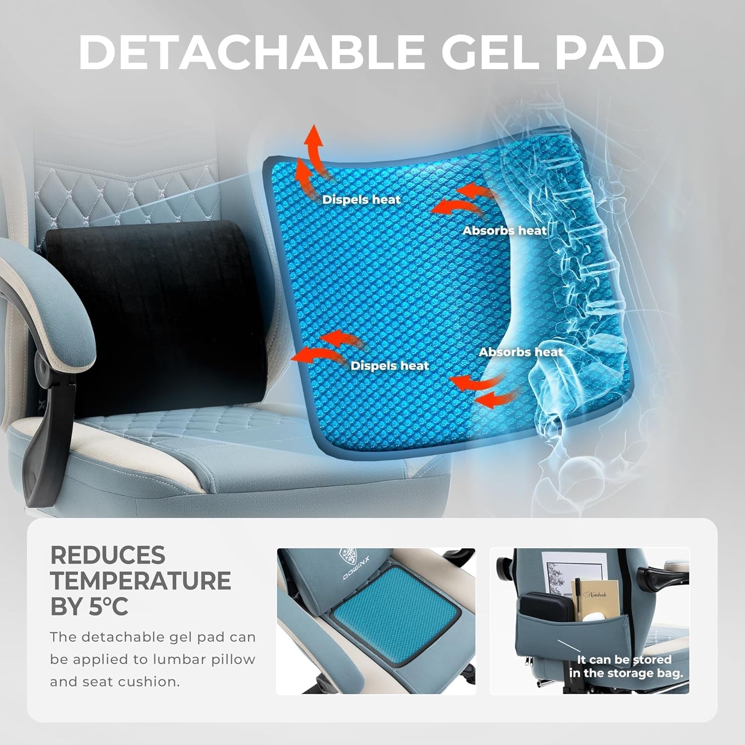 Gaming Chair Breathable Fabric Computer Chair with Pocket Spring Cushion, Comfortable Office Chair with Gel Pad and Storage Bag,Massage Game Chair with Footrest,Blue-4