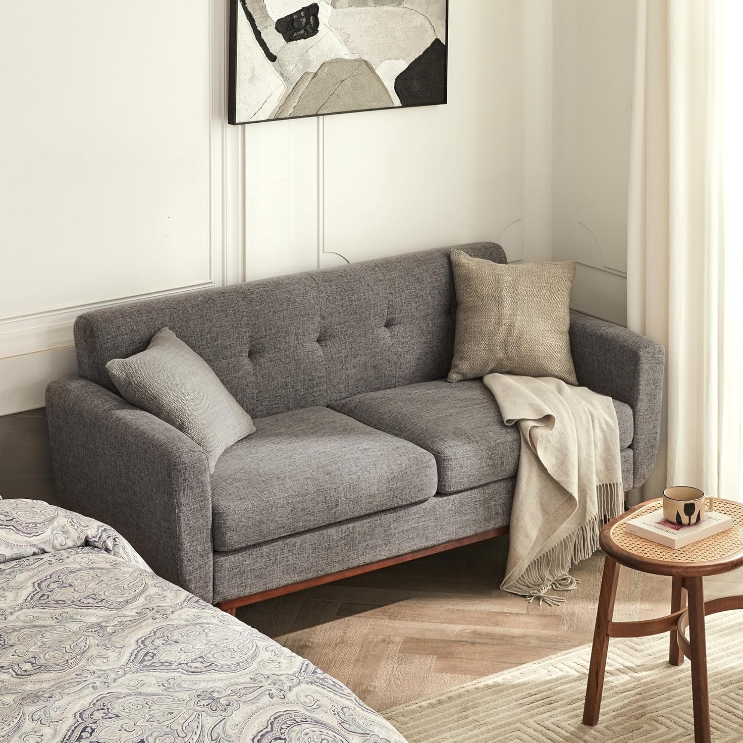 Grey Mid-Century Loveseat Sofa Easy Assembly, Solid Wood