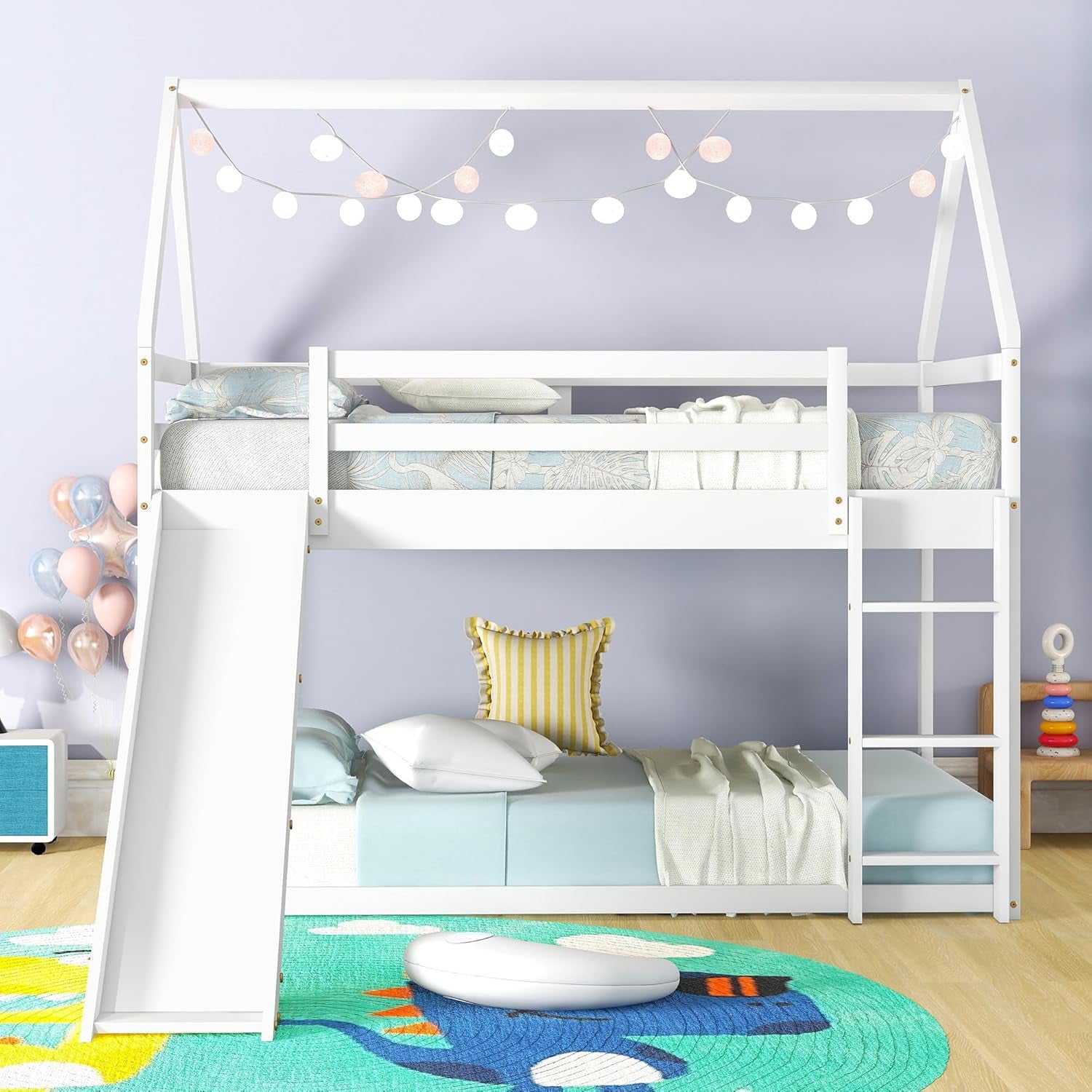 Twin over Twin House Bunk Bed with Slide,Floor Bunk Beds with Ladder for Kids,Solid Wood Twin Size Low Bunk Bed for Girls Boys-2