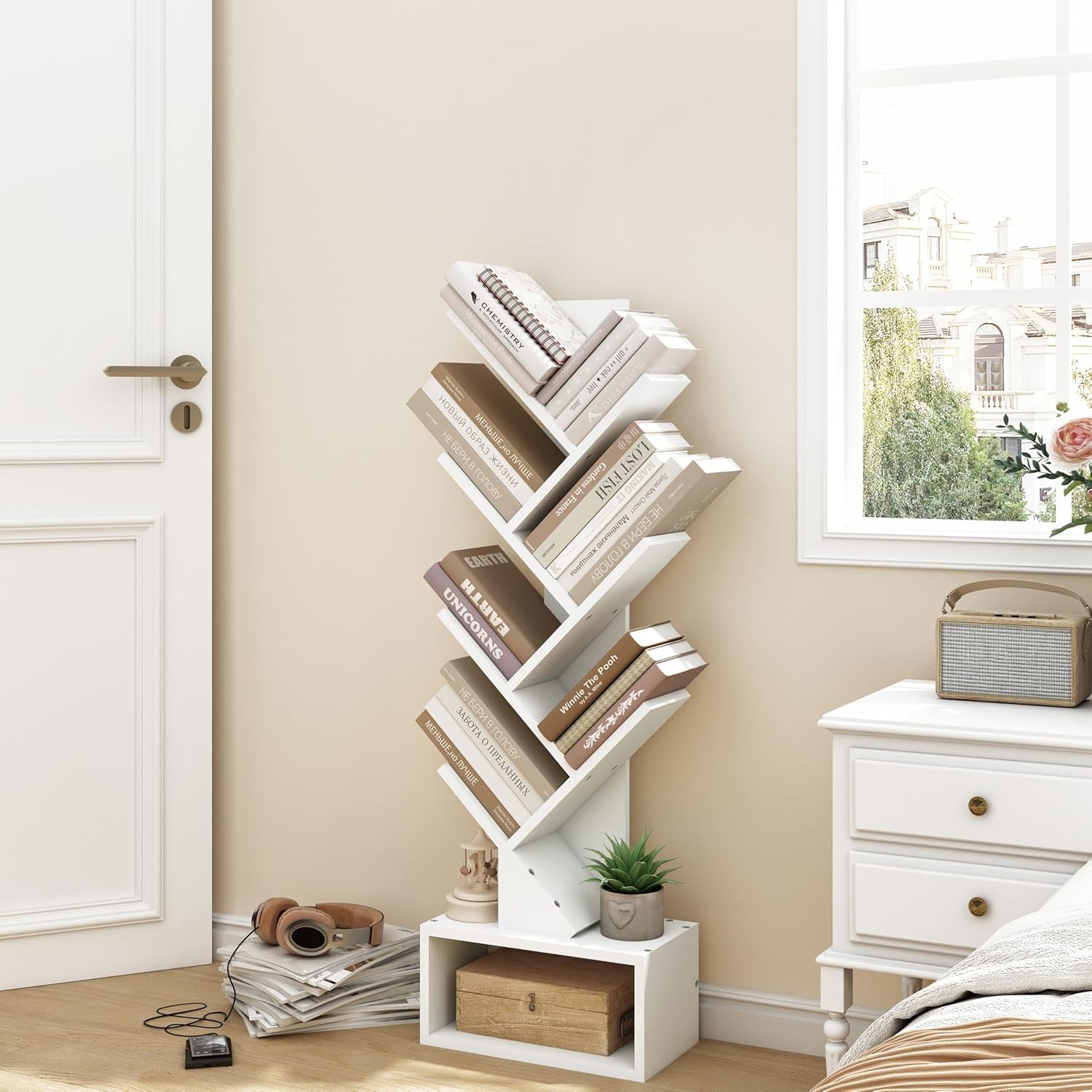 6 Tier Tree Bookshelf, Tall Bookcase with Drawer, Freestanding Book Shelf, Display Floor Standing Storage Shelf, Book Organizer Shelves for Home Office, Living Room, Bedroom, White-1