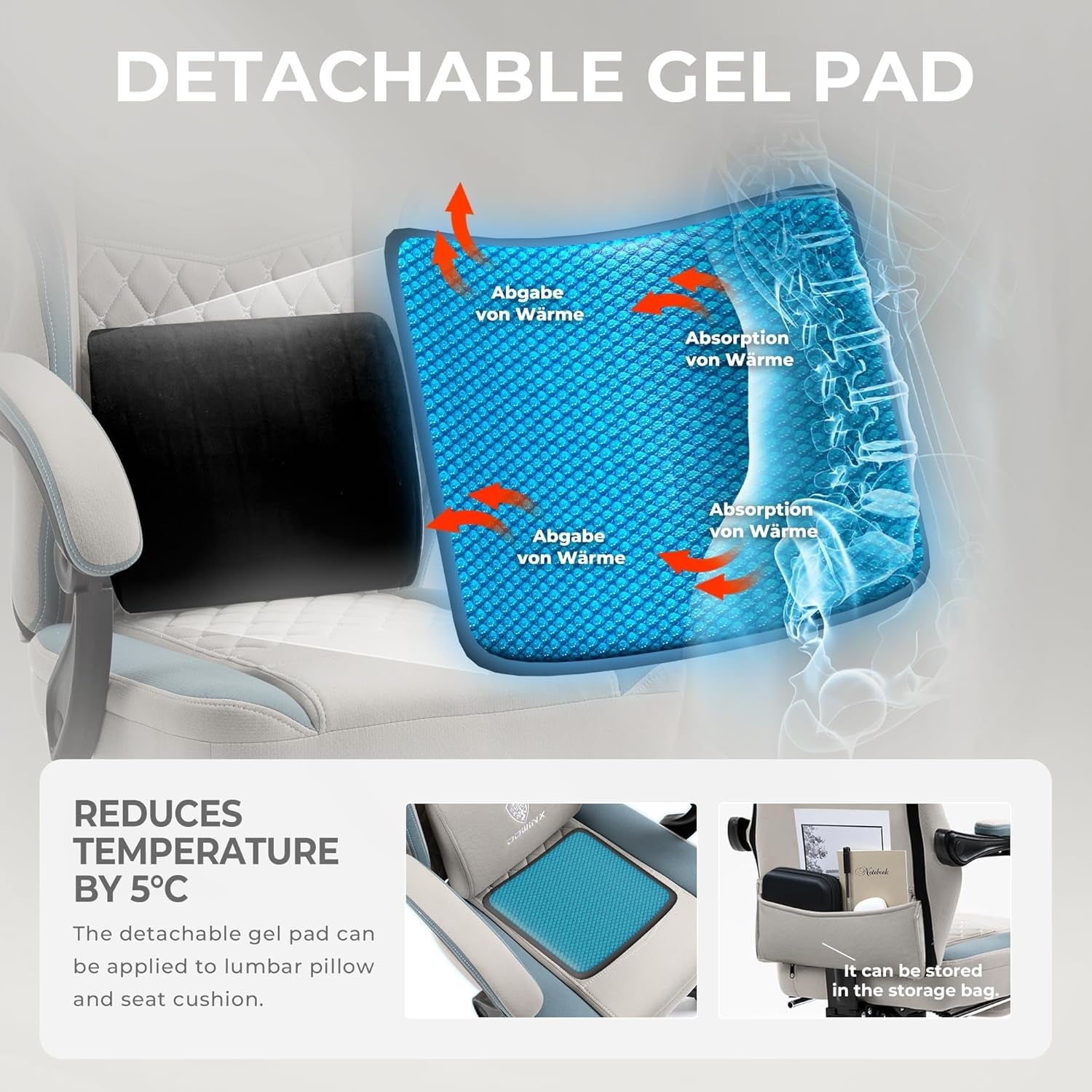 Gaming Chair Breathable Fabric Computer Chair with Pocket Spring Cushion, Comfortable Office Chair with Gel Pad and Storage Bag,Massage Game Chair with Footrest,Grey-4