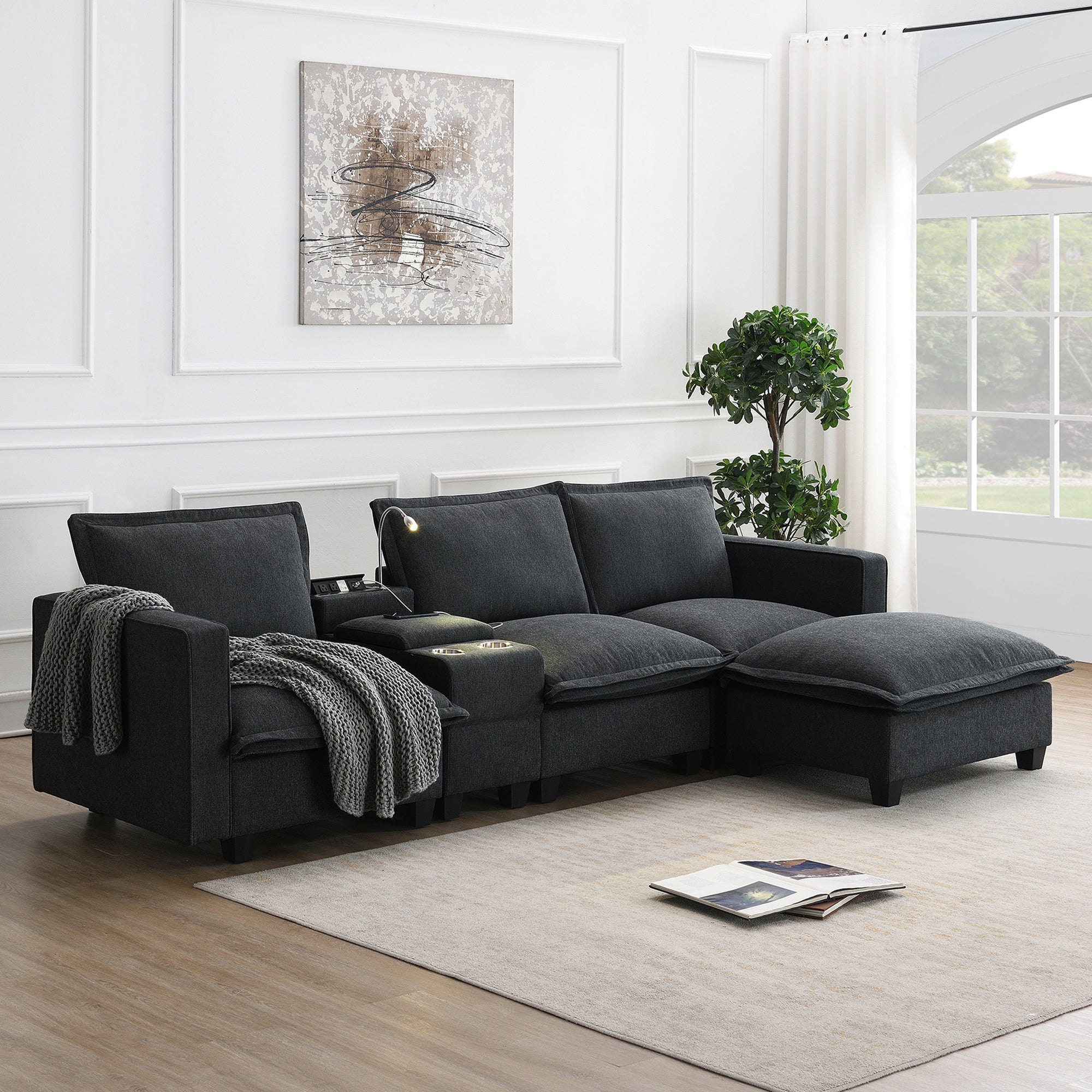 Modular Sofa with Convertible Ottoman with USB Charging Grey