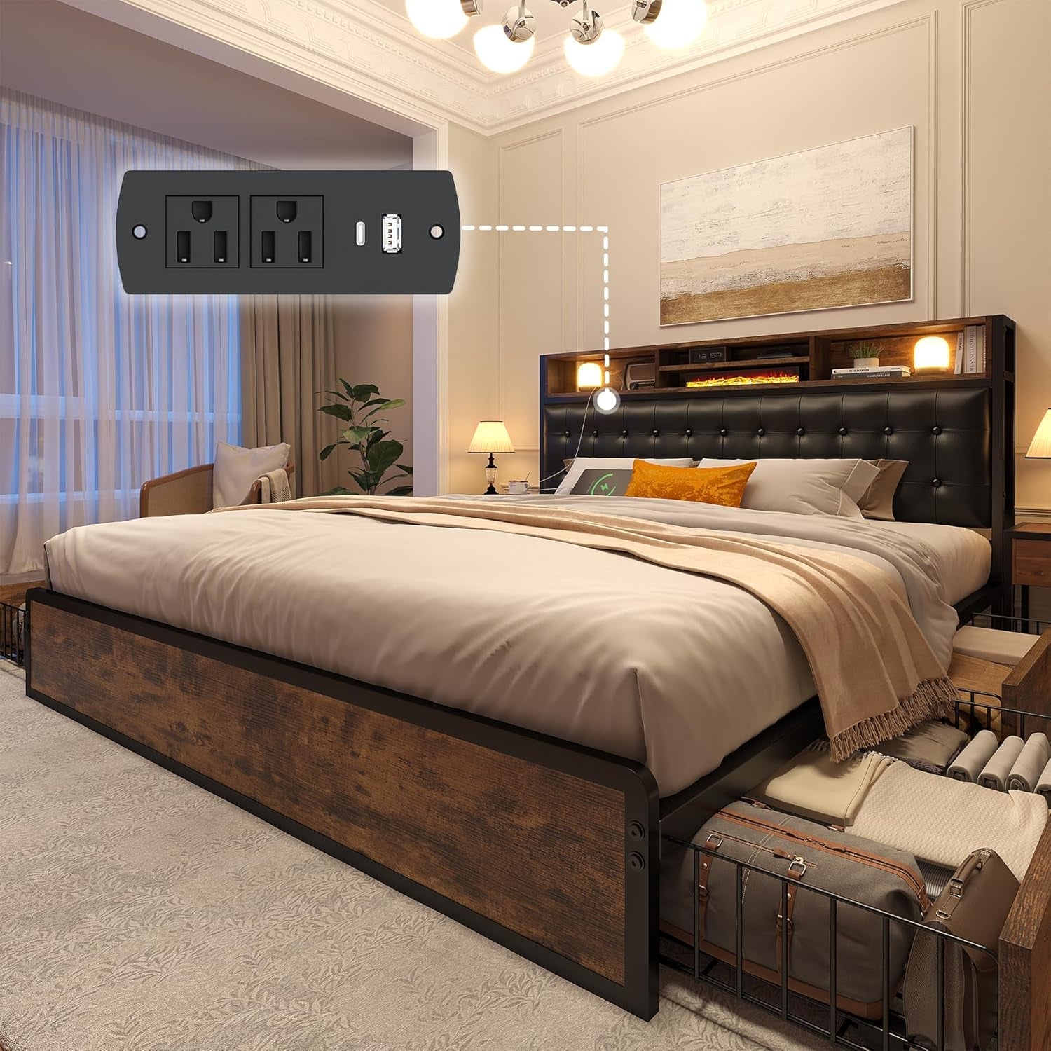 Queen Size Bed Frame with Storage Drawers and Charging Station-0