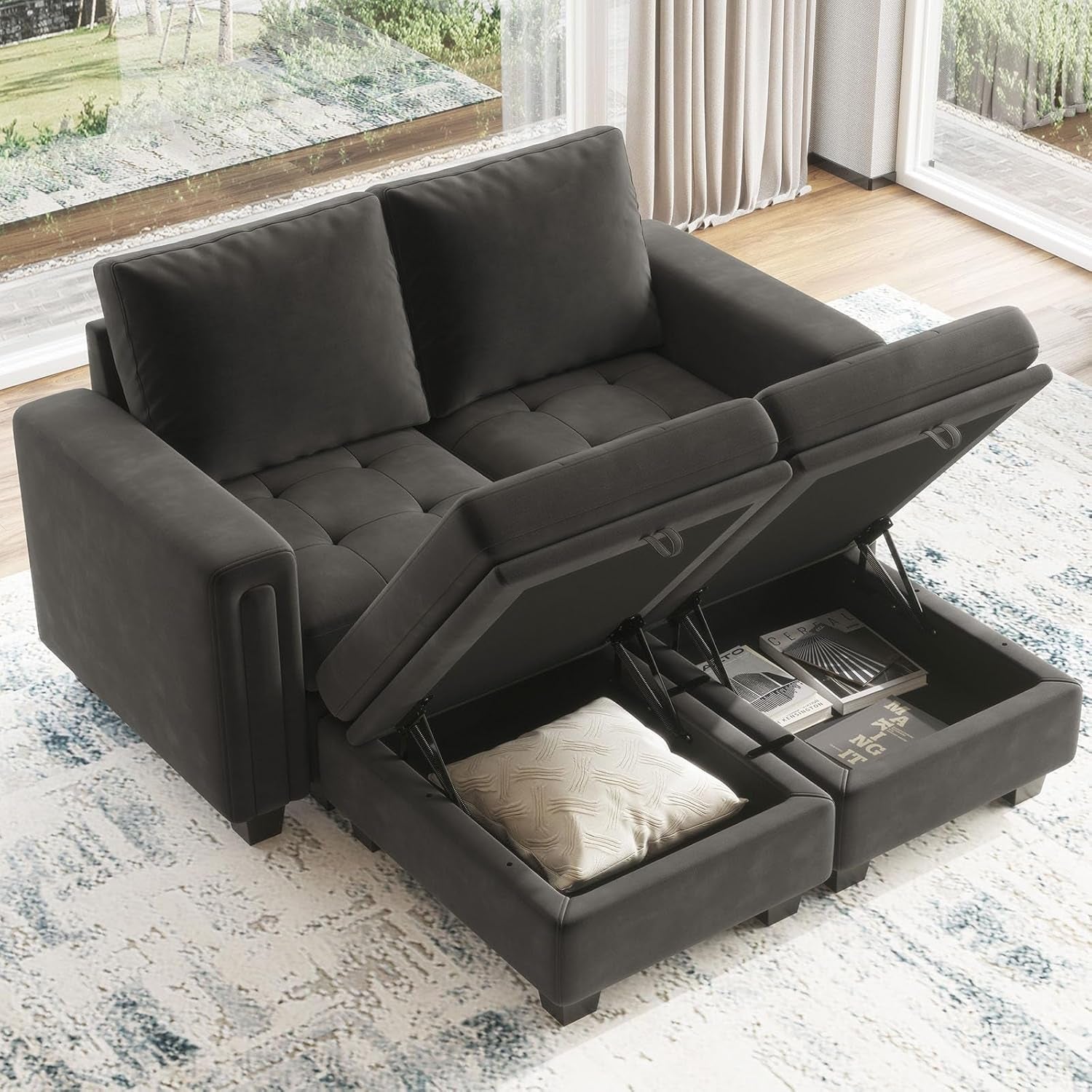 Velvet Modular Sectional Sofa Couch with Storage Convertible Sectional Sleeper Sofa Couch Bed Set with Reversible Chaise Grey-3