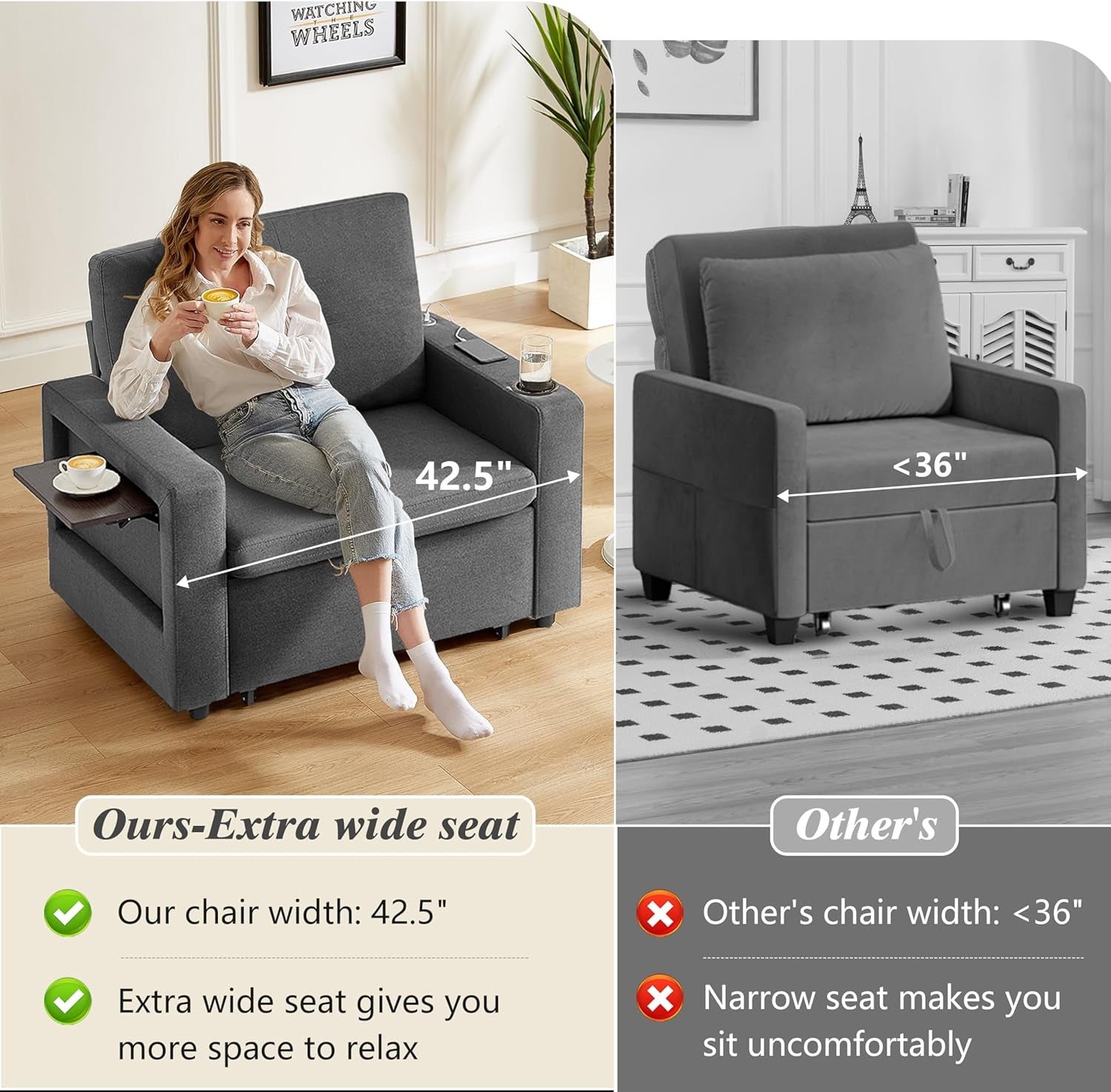 3 In 1 Sleeper Sofa Chair Bed With USB Ports-4