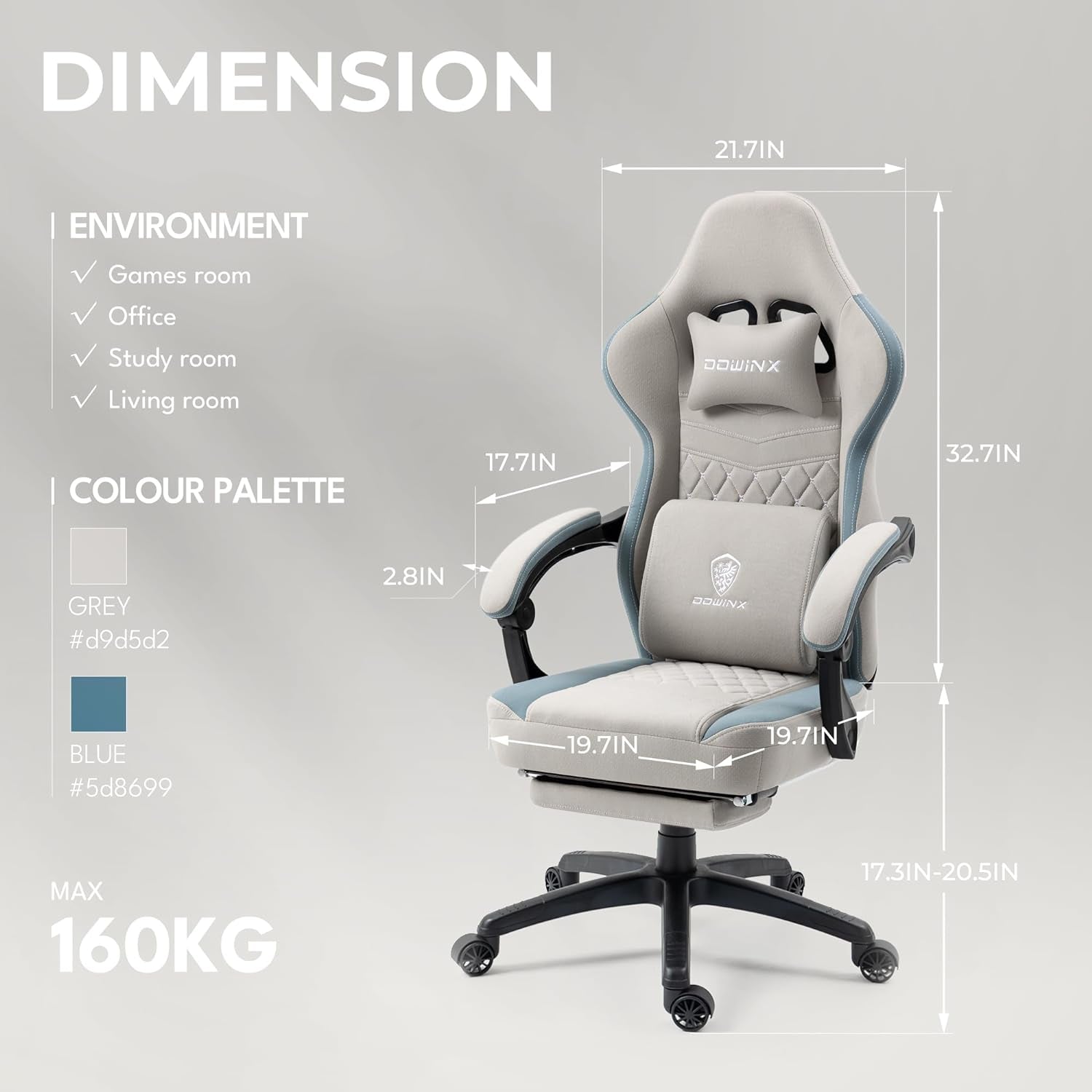 Gaming Chair Breathable Fabric Computer Chair with Pocket Spring Cushion, Comfortable Office Chair with Gel Pad and Storage Bag,Massage Game Chair with Footrest,Grey-2