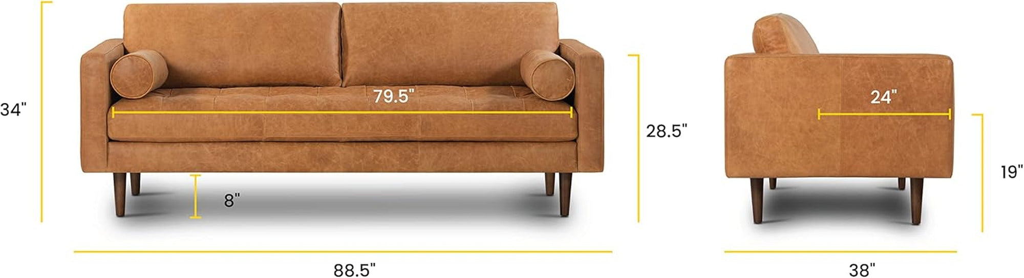 Cognac Tan Brown Leather Couch - 88.5" Mid Century Leather Sofa with 2 Bolsters - Full Grain Camel Leather Couch - Feather-Down Topper on Seating Surface - Pure-Aniline Italian Leather-1