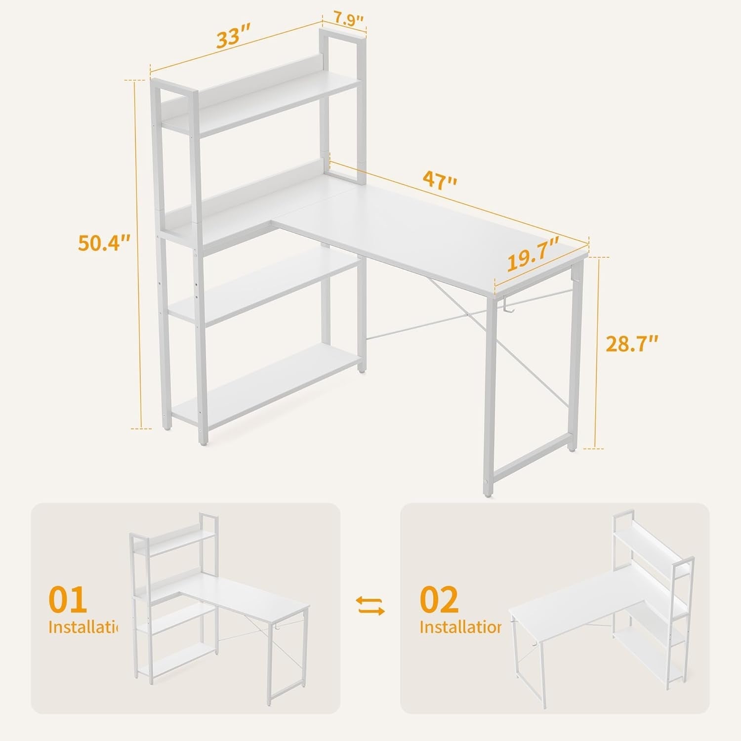 Computer Corner Desk with Storage Shelves, 47 Inch Reversible Small L Shaped Computer Desk, Home Office Writing Desk with 2 Hooks, Pure White-2