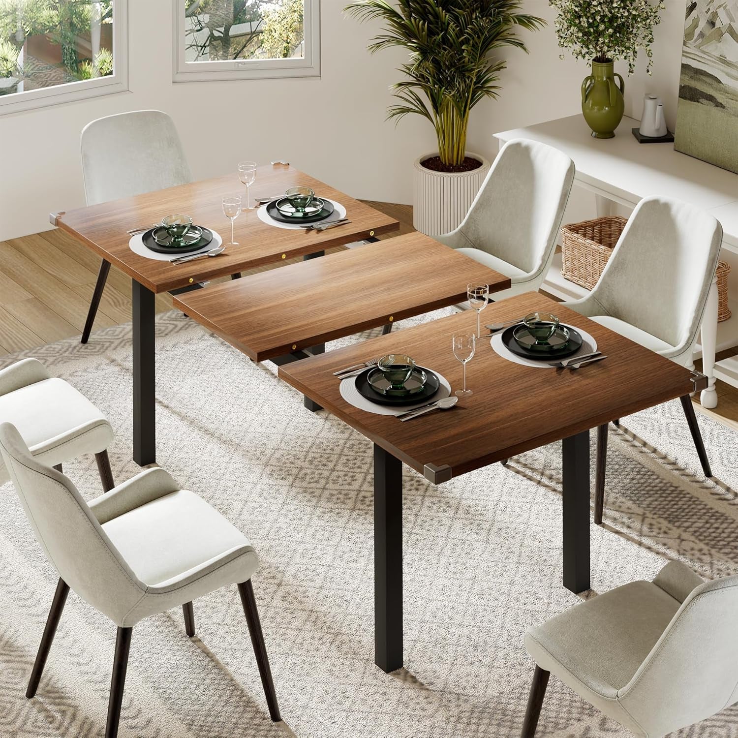 63" Extendable Dining Table, Modern Farmhouse Dining Room Table for 4-8, Wooden Kitchen Table for Small Space, Dining Room, Home Office, Living Room Furniture, Walnut-0