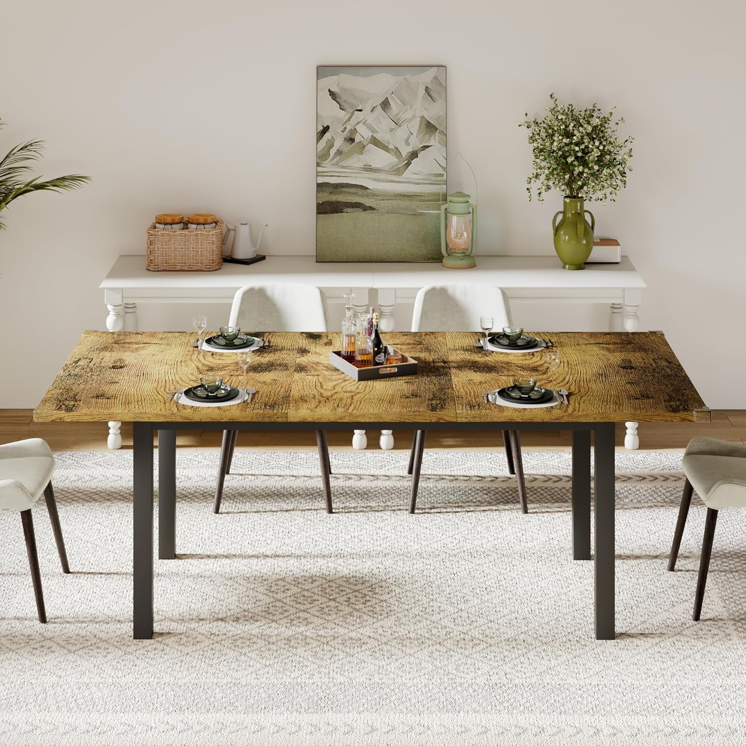 63" Extendable Dining Table, Modern Farmhouse Dining Room Table for 4-8, Wooden Kitchen Table for Small Space, Dining Room, Home Office, Living Room Furniture, Rustic Brown-1