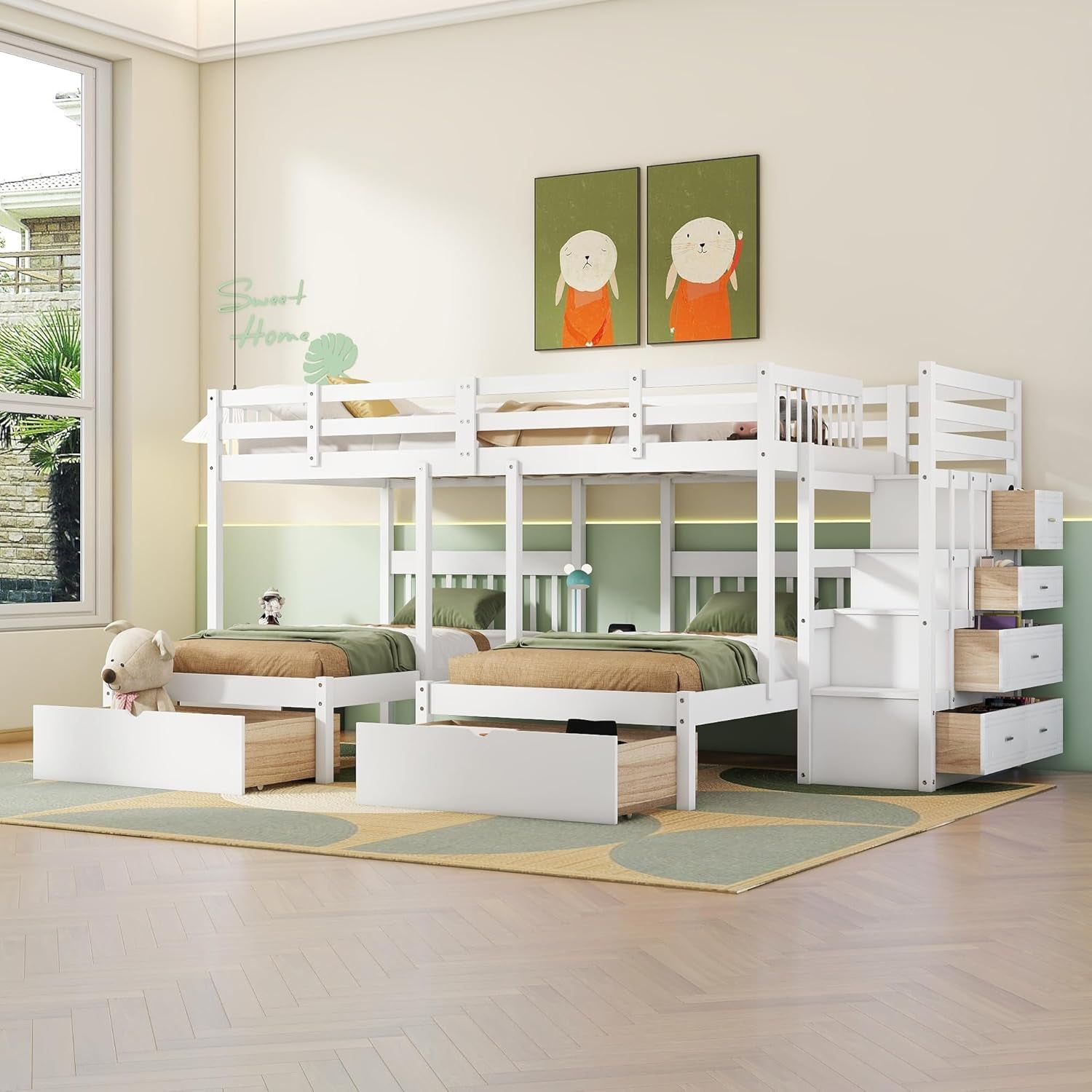 Triple Bunk Beds with Drawers, Wood Full over Twin & Twin Bunk Bed with Storage Staircase, Triple Bed for Kids,3 Bed Bunk Beds with Storage for Girls Boys,White-0