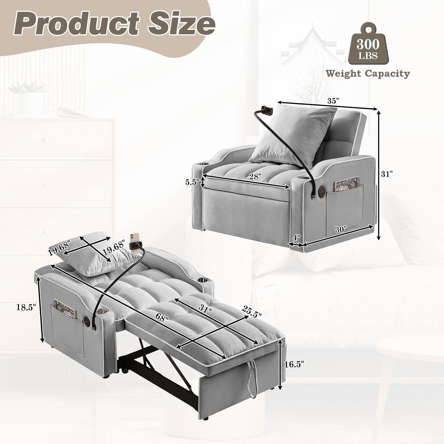 Convertible Sleeper Chair Bed with USB Ports and Holder-1