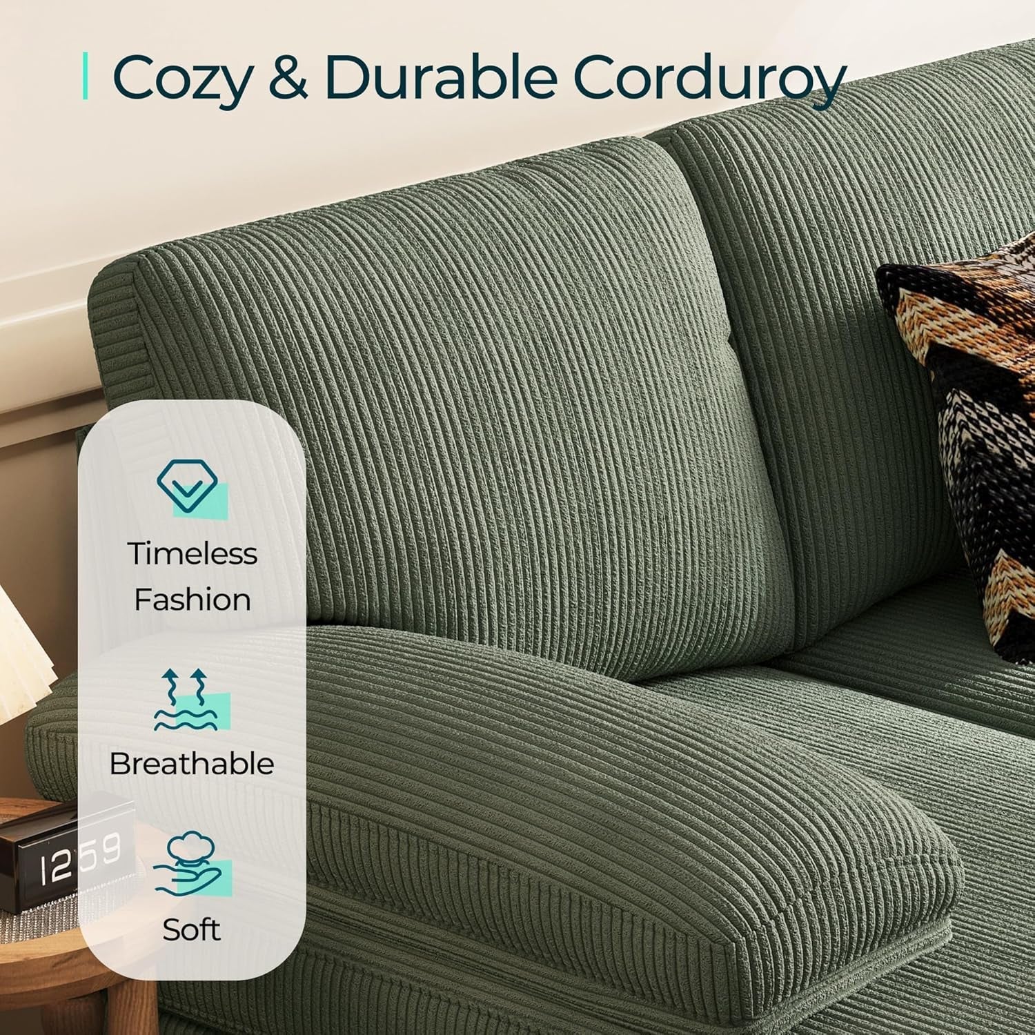 Sectional Couch, 111'' W Corduroy U Shaped Sofa with Sleepable Armrests, 4 Seat Couch with Double Chaises, Deep Sofa for Living Room, Army Green-4