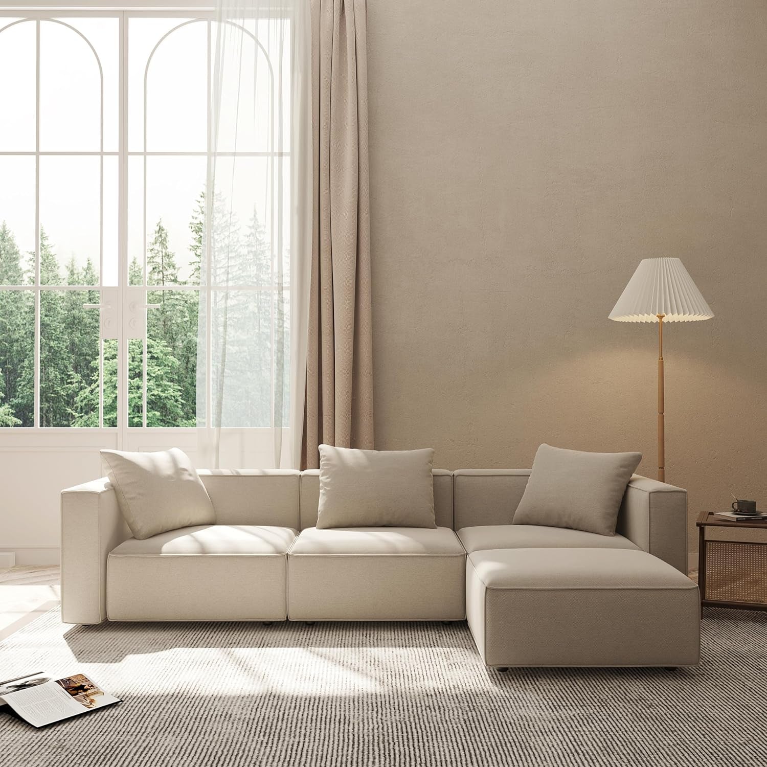 Luxury Modular Sectional Living Room Sofa Set, Modern Minimalist Style Couch with Ottoman and Chaise, L-Shape, Linen-Like Cream-0