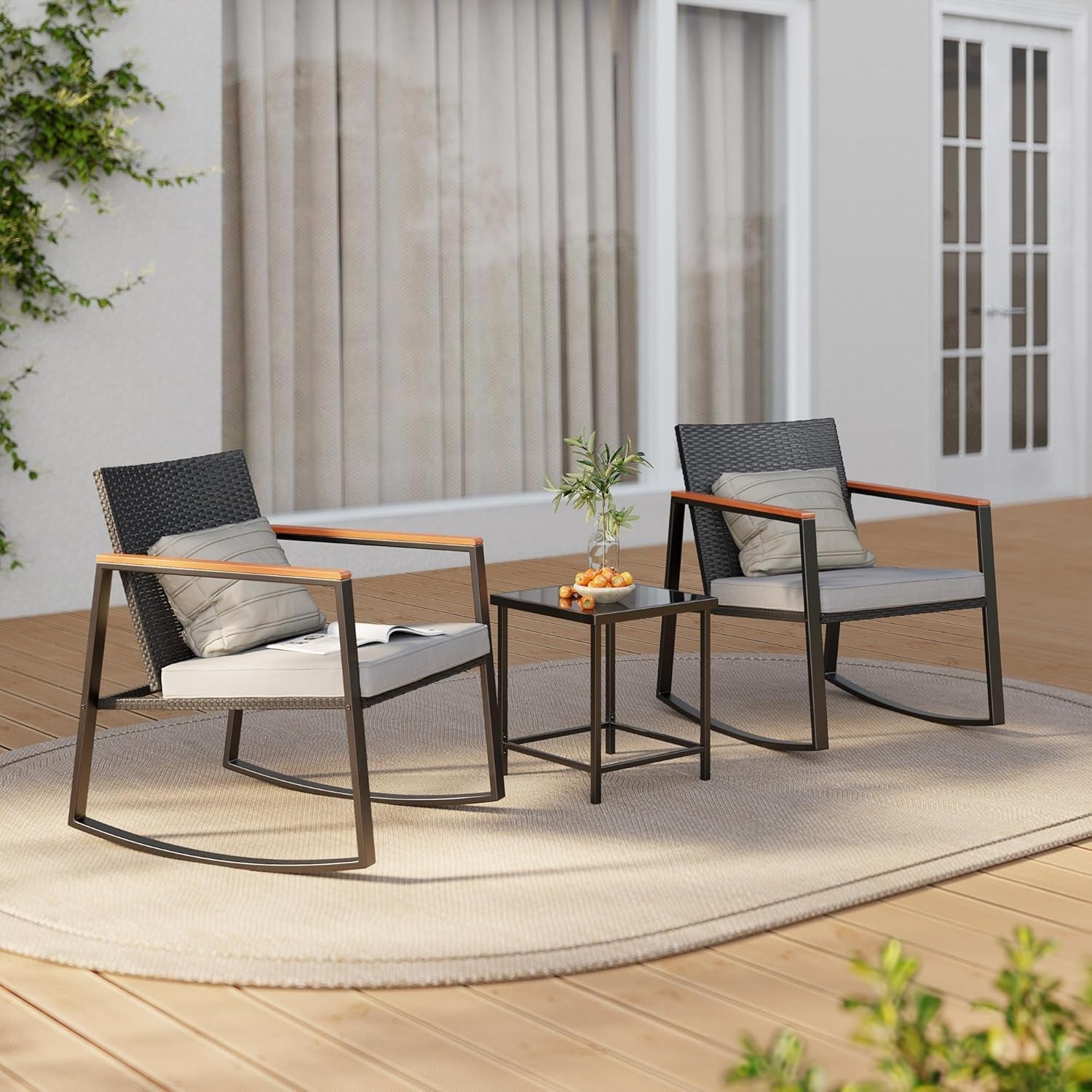 Patio Rocking Bistro Set Glass Table Cushions-1