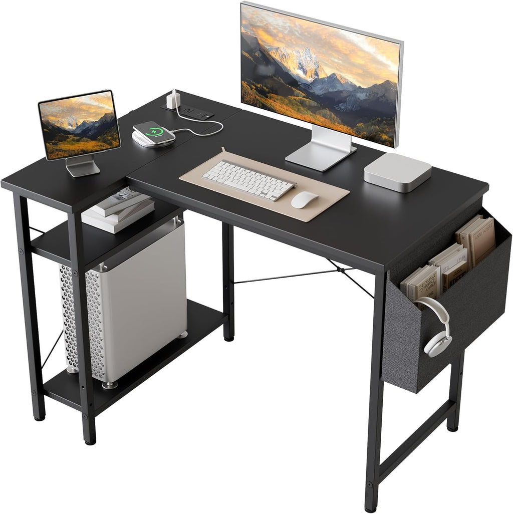 L Shaped Computer Desk with Power Outlets and Shelves-0