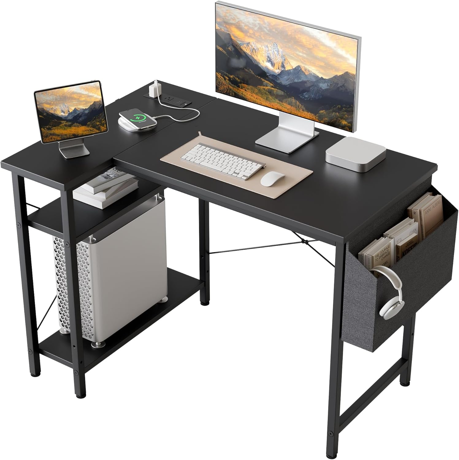 L Shaped Computer Desk with Power Outlets and Shelves-0