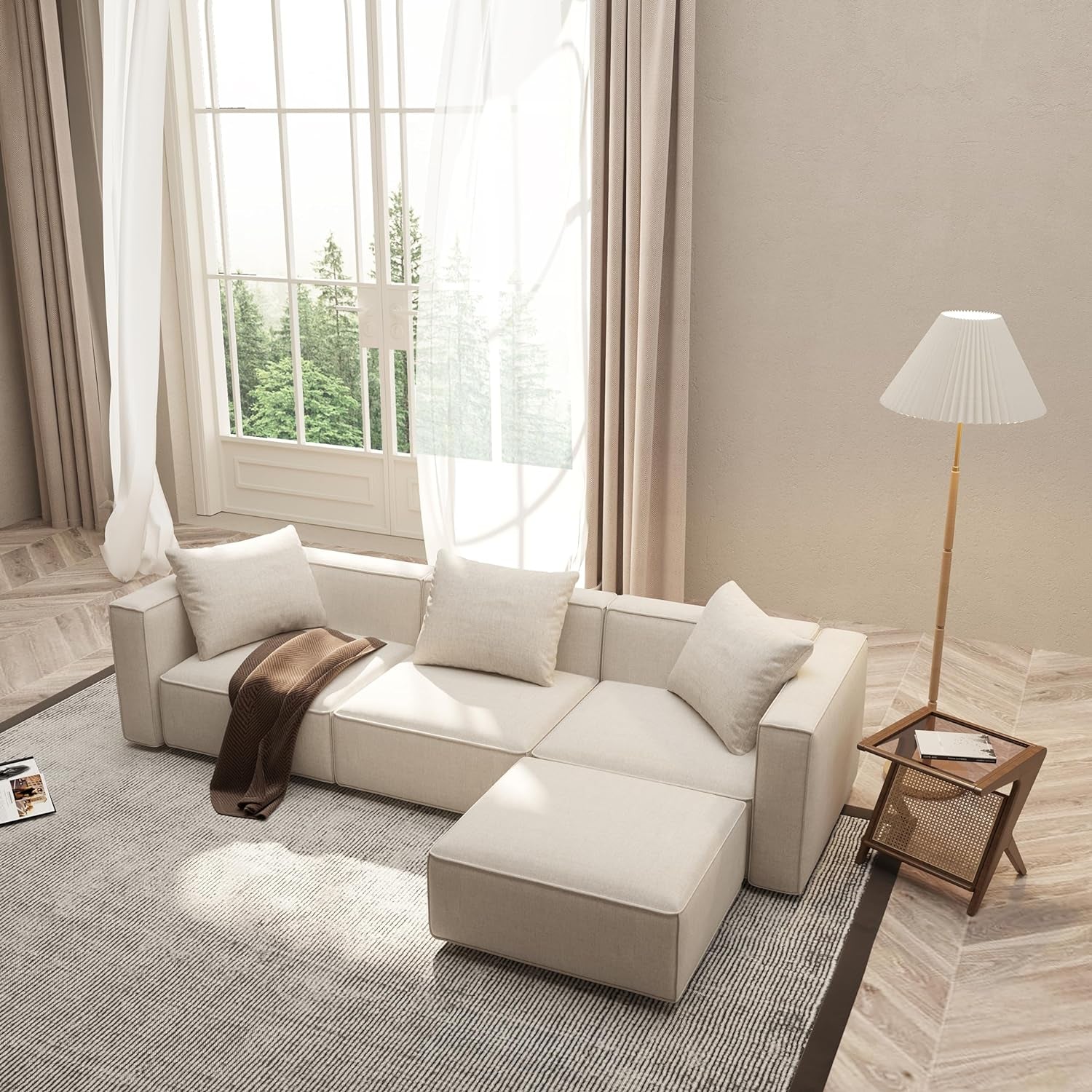 Luxury Modular Sectional Living Room Sofa Set, Modern Minimalist Style Couch with Ottoman and Chaise, L-Shape, Linen-Like Cream-2