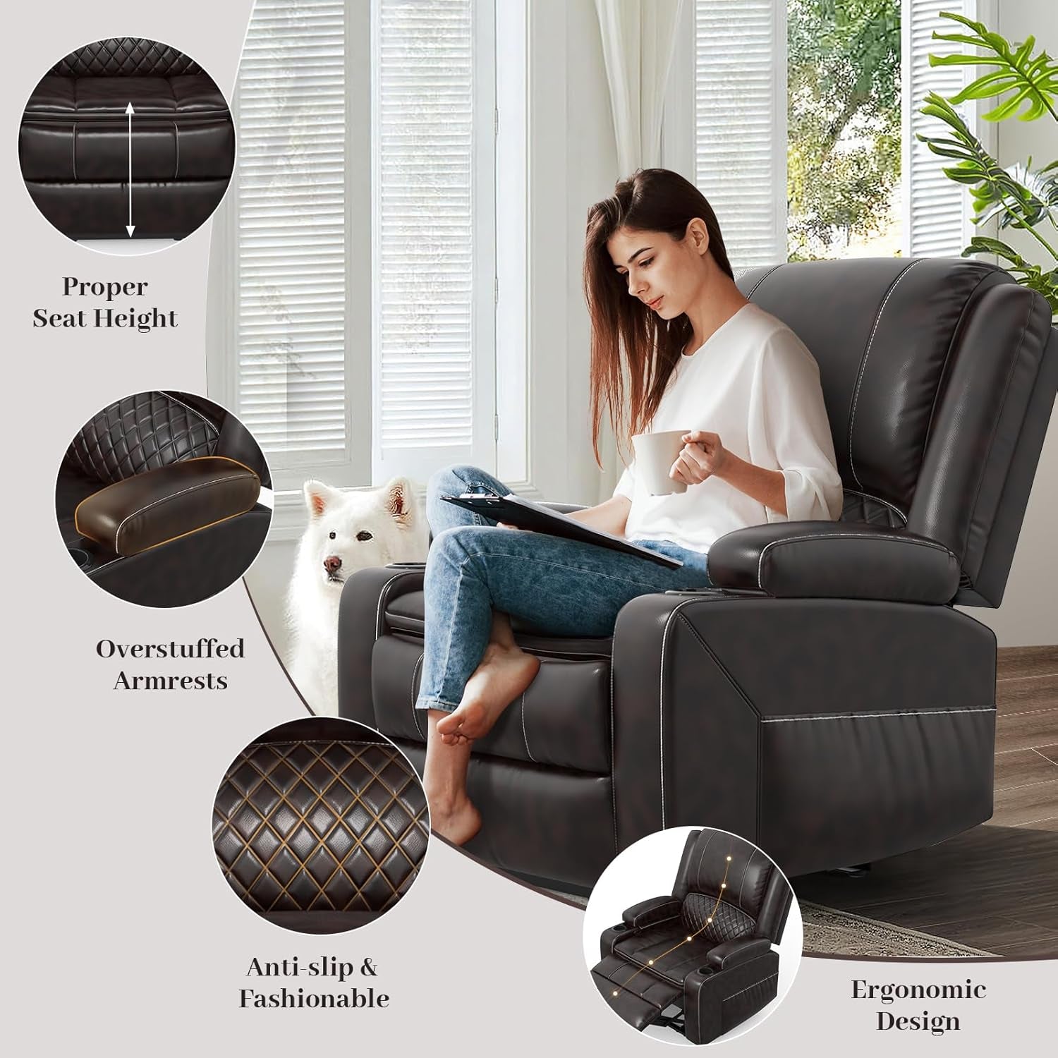 Grey Leather Reclining Loveseat Set Console, 2 Chairs-3