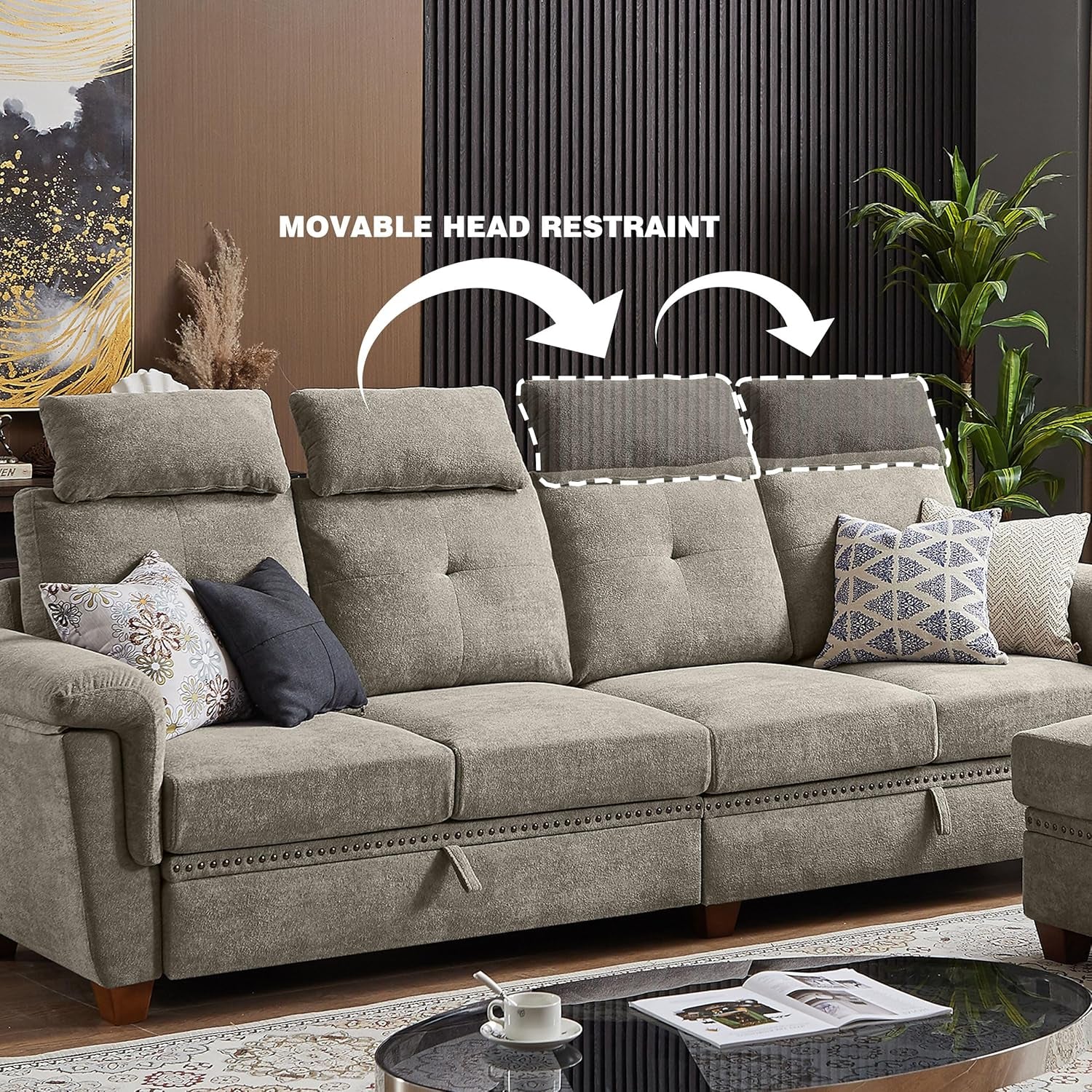 Convertible Sectional Sofa with Storage, 4 Seat L Shaped Couch with Chaise and Cup Holder, Modern Microfiber Fabric Sofas Couches for Living Room, Apartment, Office (Beige)-3