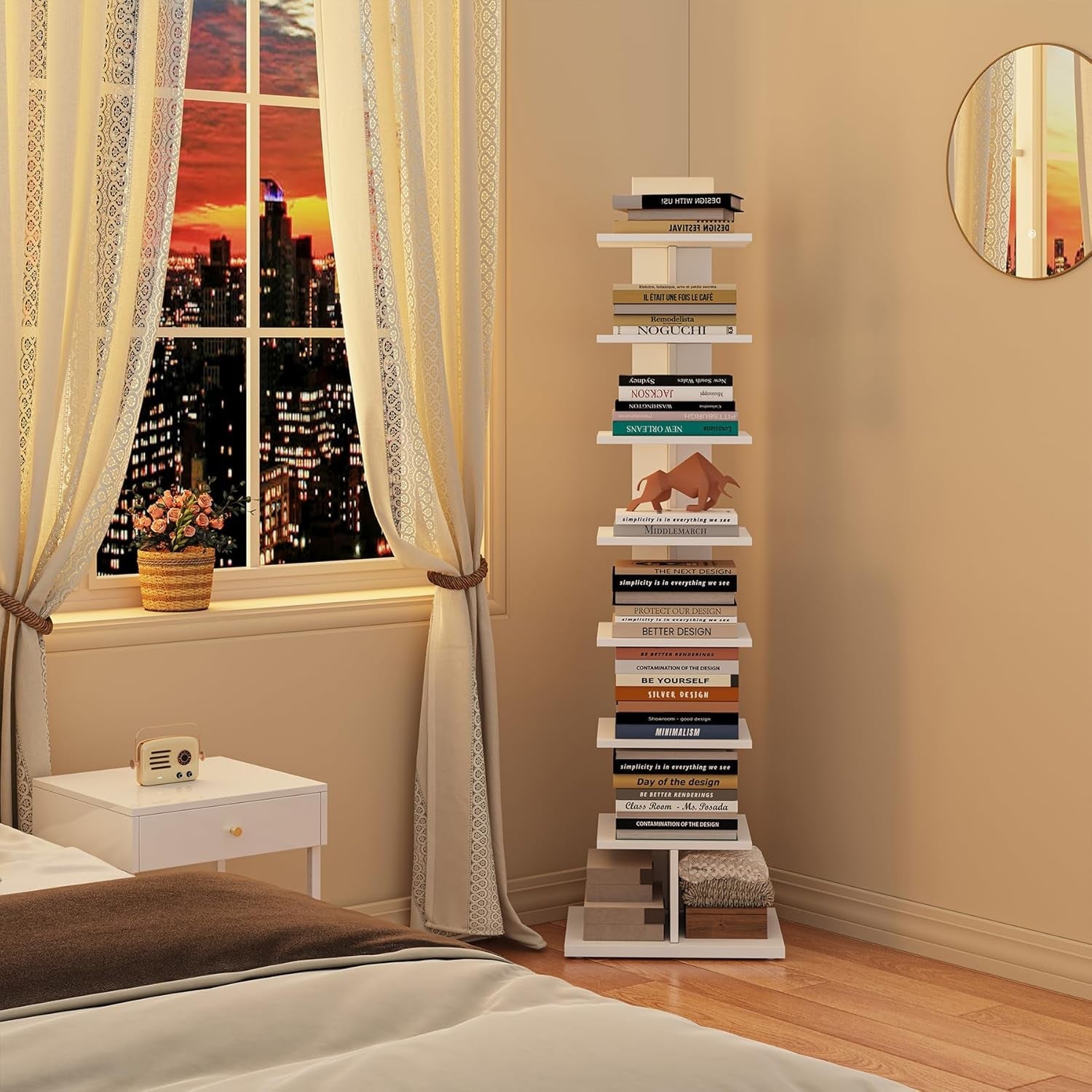 Vertical Bookshelf, 8-Tier Bookcase, Narrow Spine Book Shelf for Small Space, Corner Standing Shelf for Living Room, Office, Study, Entryway, White BS06BW008-2