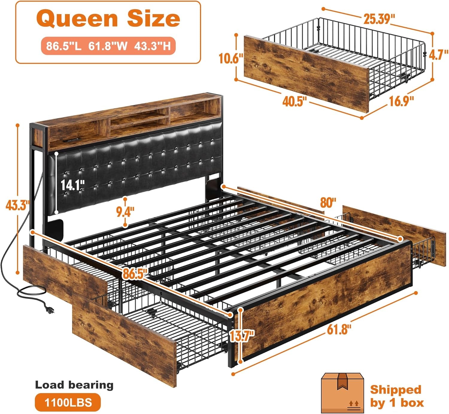 Queen Size Bed Frame with Storage Drawers and Charging Station-1