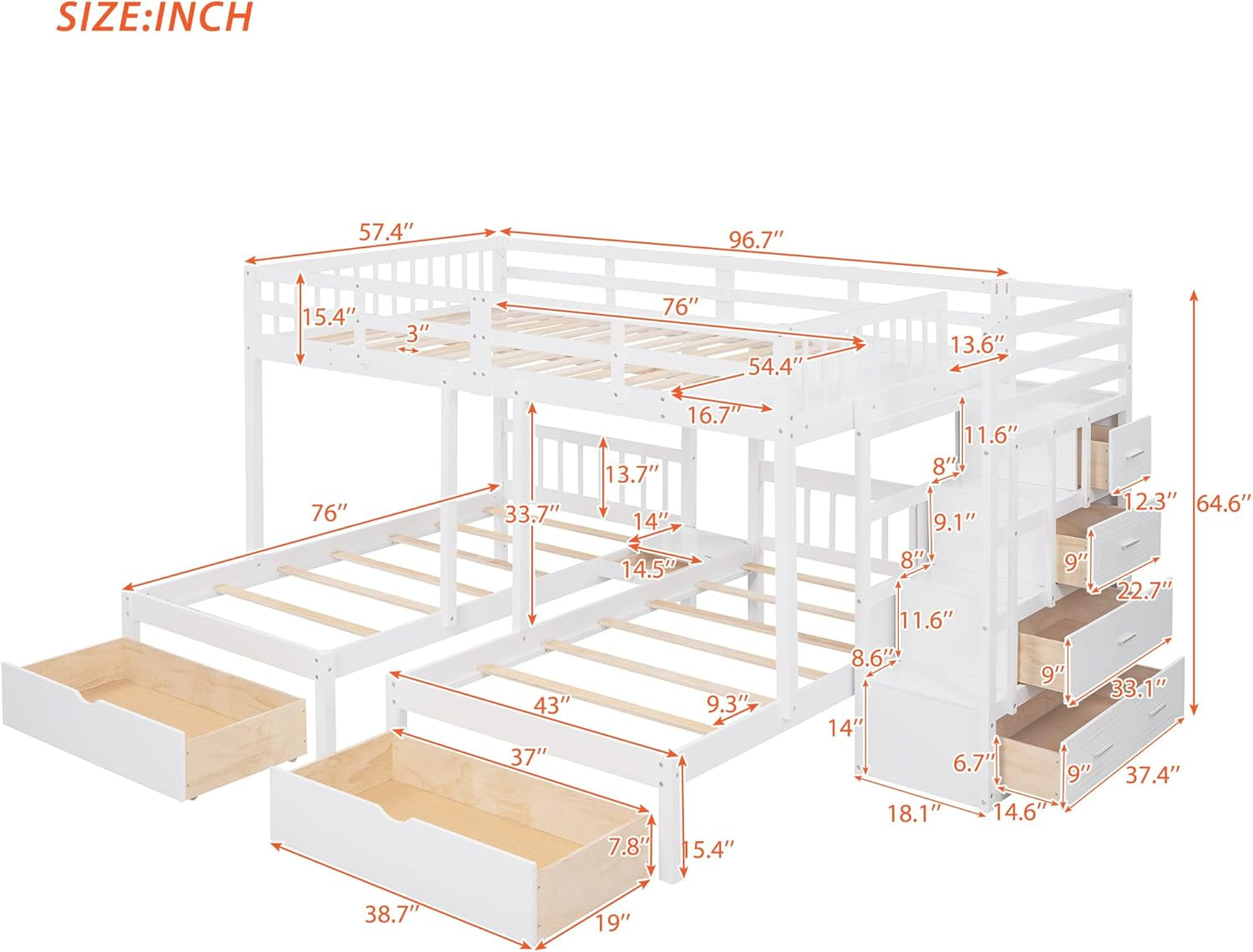 Triple Bunk Beds with Drawers, Wood Full over Twin & Twin Bunk Bed with Storage Staircase, Triple Bed for Kids,3 Bed Bunk Beds with Storage for Girls Boys,White-1