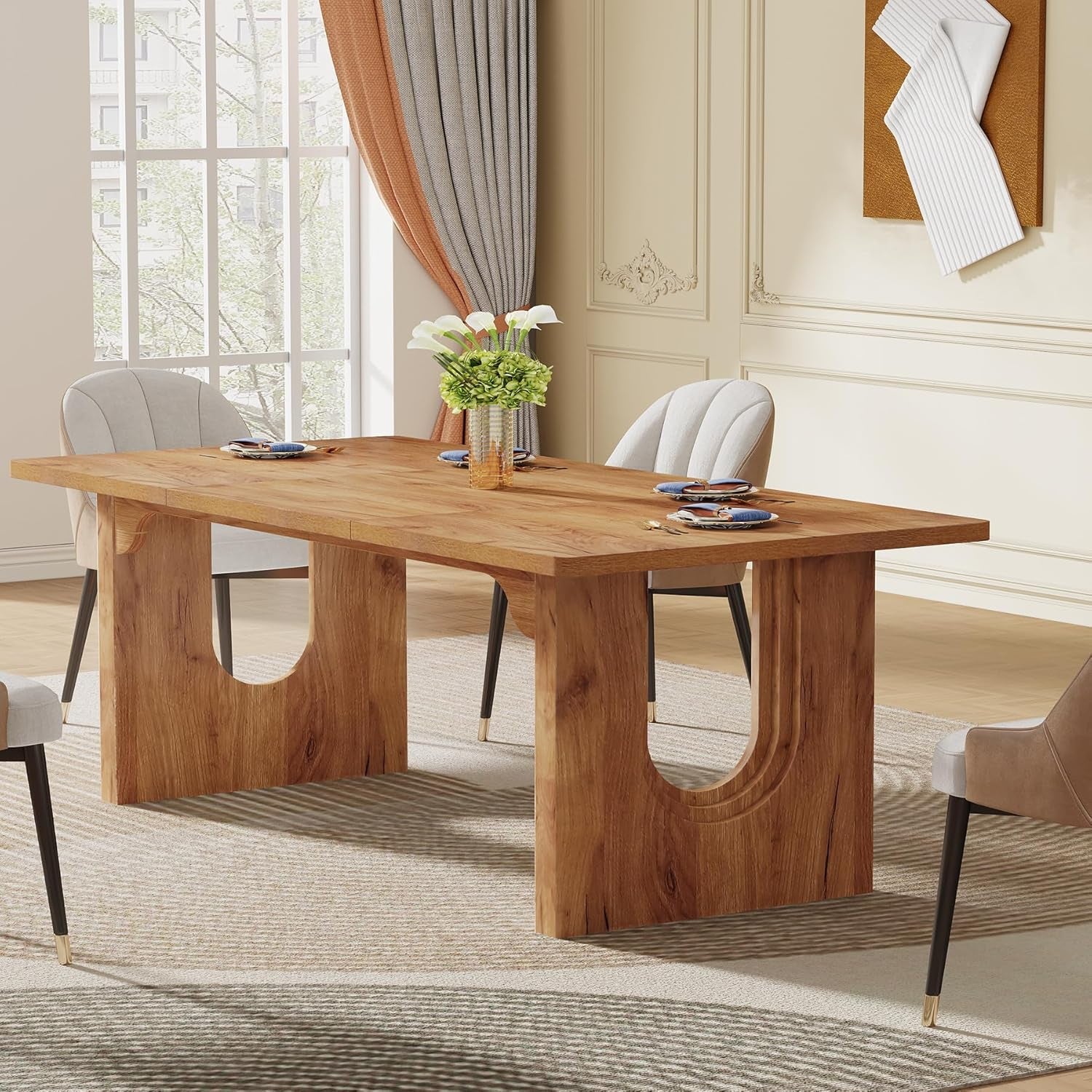 Modern Dining Table for 6 to 8 People, 71" Large Kitchen Dining Table with Wood Pedestal Base, Rectangular Long Dinner Table for Kitchen, Dining Room, Living Room, Rustic Brown-2