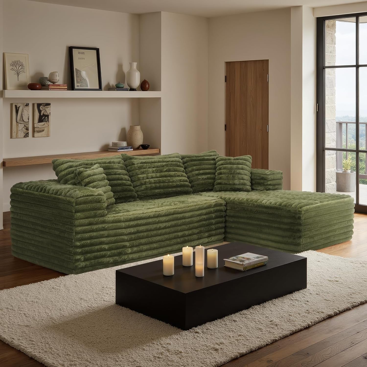 Modern Green L-Shape Sectional Couch with Deep Seating-2