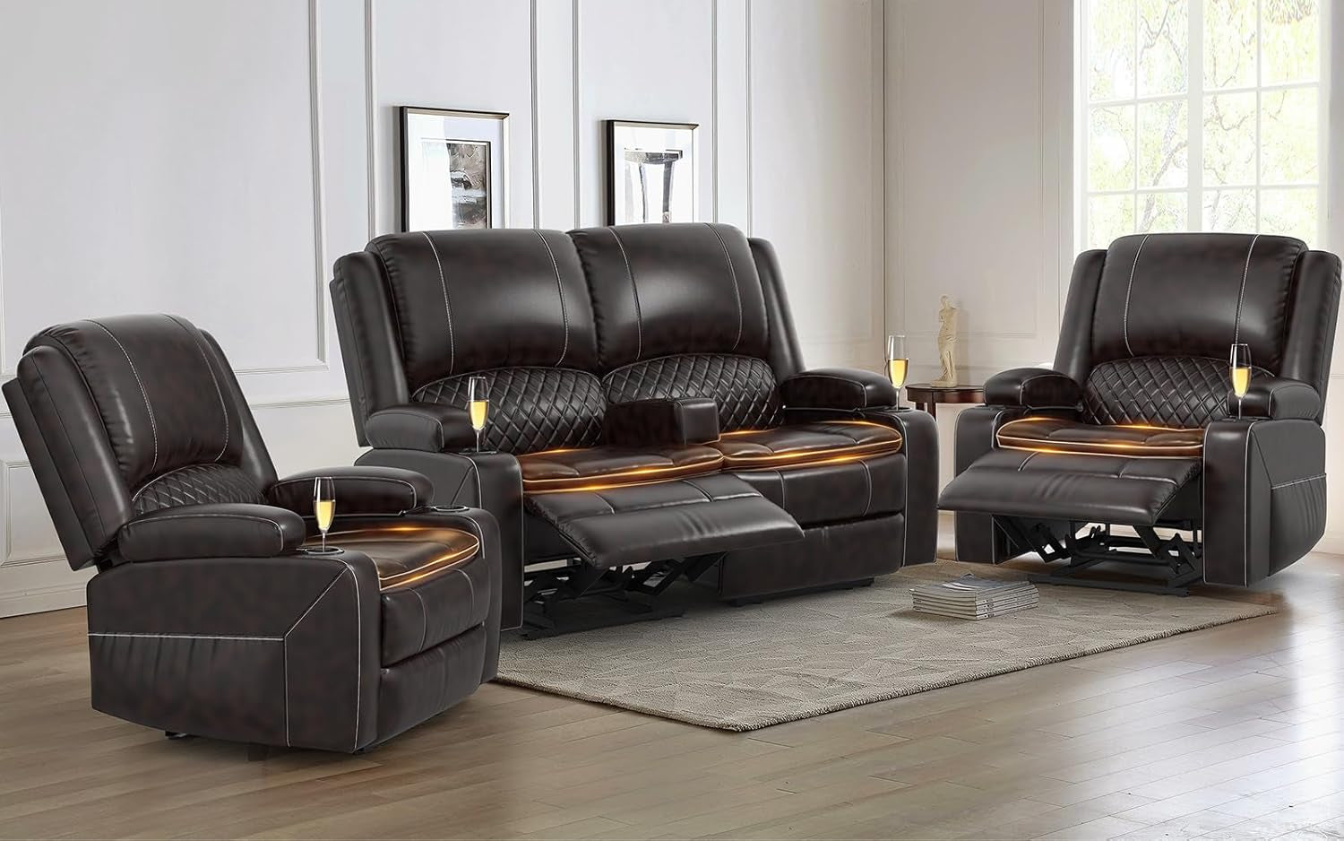 Grey Leather Reclining Loveseat Set Console, 2 Chairs-0