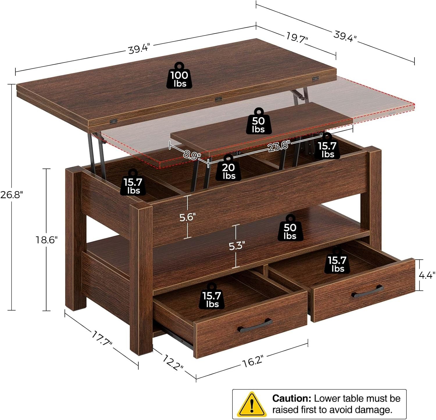 Coffee Table Lift Top, Multi-Function Convertible Coffee Table with