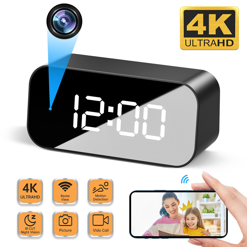Digital clock with 4K ultra HD camera and smartphone app interface on a white background