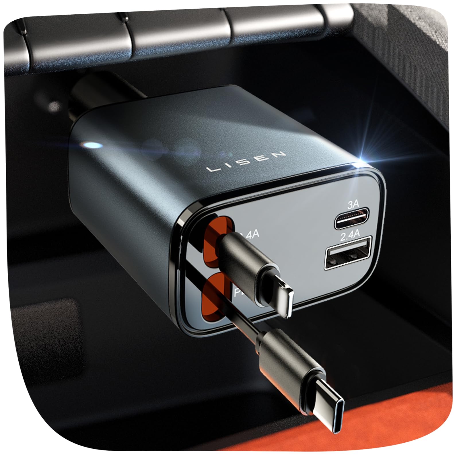 Lisen USB-C power adapter with multiple ports on a dark background