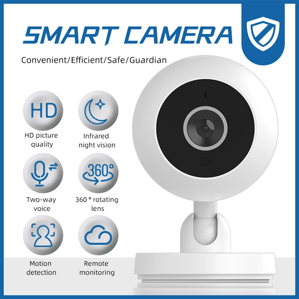 Smart camera with features listed on a blue and white background