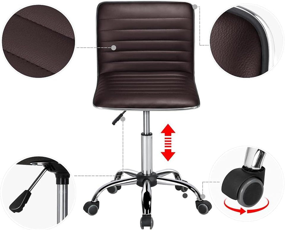 Task Chair Armless Office Chair PU Leather Ribbered Modern Desk Chair Adjustable Low-Back Swivel Chair W/Rolling Wheels Accent Comfy Working Chair Makeup Chair, Brown-4