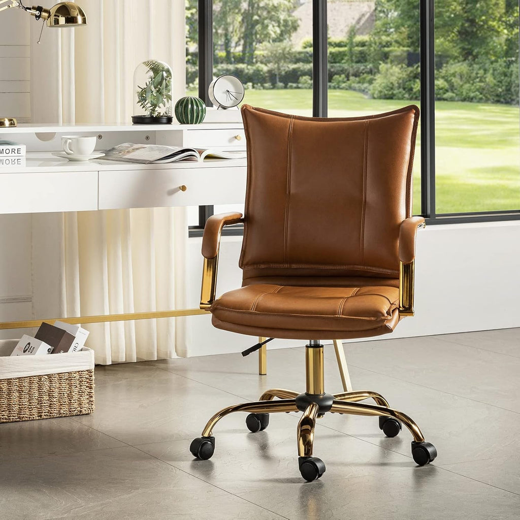 Faux Leather Home Office Desk Chair, Adjustable Swivel Computer Chair with Golden Legs and Arms, Comfy Upholstered Task Chair,Camel-0